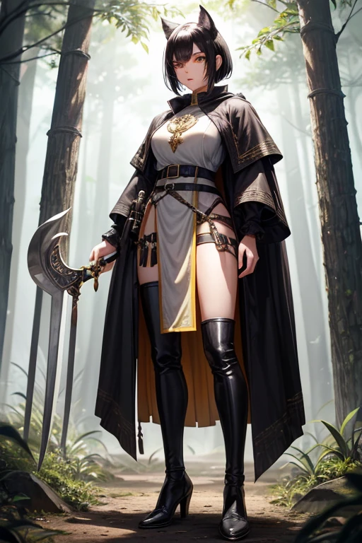 Semi human beast woman 30 years old with short black hair, peinado desorenado con orejas de lobo en la cabeza ,  Medieval hunter clothing white yellow eyes holding a sword brown shoes brown leather belt jade ornaments black wolf tail in forest background with magical symbols