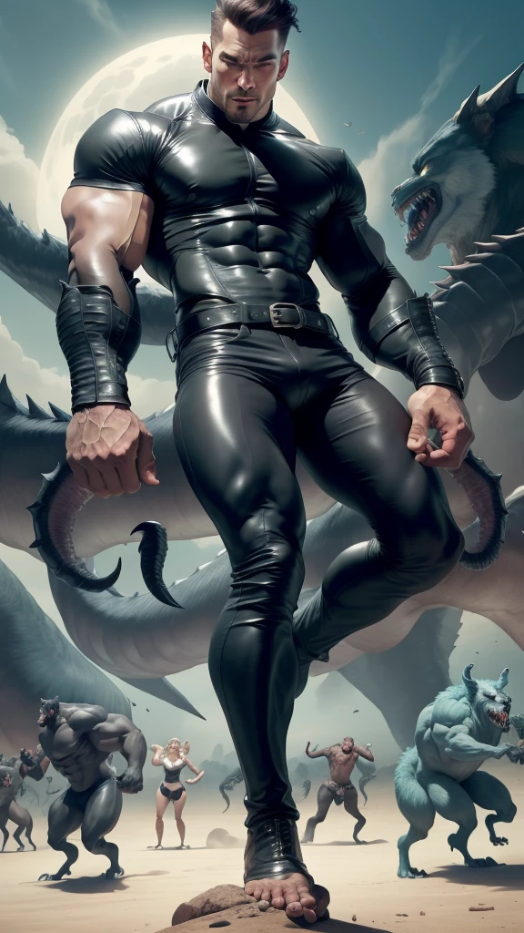 A dashing man, wearing a tight-fitting leather jacket, tight-fitting leather pants, standing among the fierce monsters ready to attack, a position above