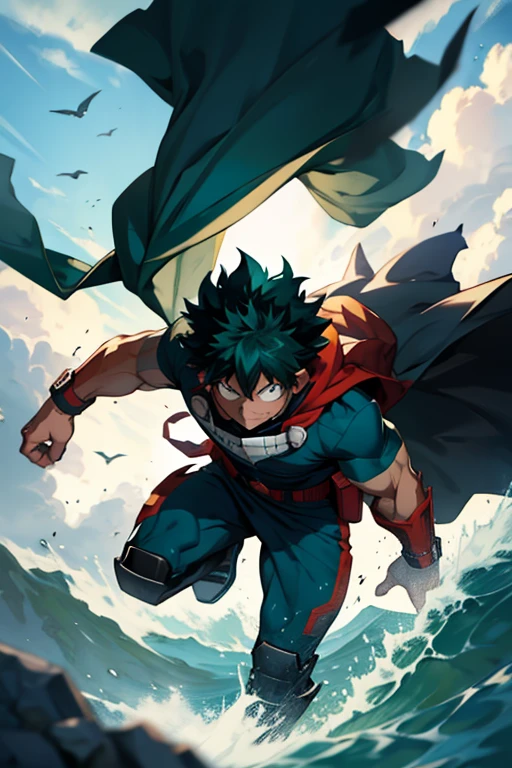 An Izuku Midoriya with All Might&#39;s muscles would be an incredibly powerful and imposing version of the hero. With toned and robust muscles, His strength and endurance would be unmatched.. His All Might-inspired suit would be a perfect combination of style and functionality., with the characteristic design in the shape of "Y" en el pecho y los colores verde, negro y blanco decorando su uniforme. 

The cape billowing behind him would add a touch of majesty to his appearance., making it look even more impressive. Con esta nueva apariencia, Izuku Midoriya would truly be a formidable hero and worthy of admiration. en la imagen se de ve ver el cuerpo completo de izuku y su traje