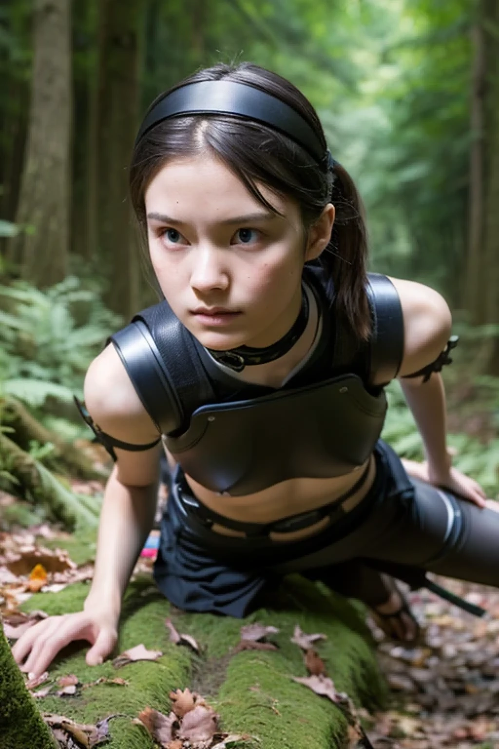 (photo Realistic:1.4), (hyper Realistic:1.4), (Realistic:1.3), best quality,dead,ninja,girl,(breastplate),Fallen,,slender,in the forest,from above,Detailed skin texture,whole body