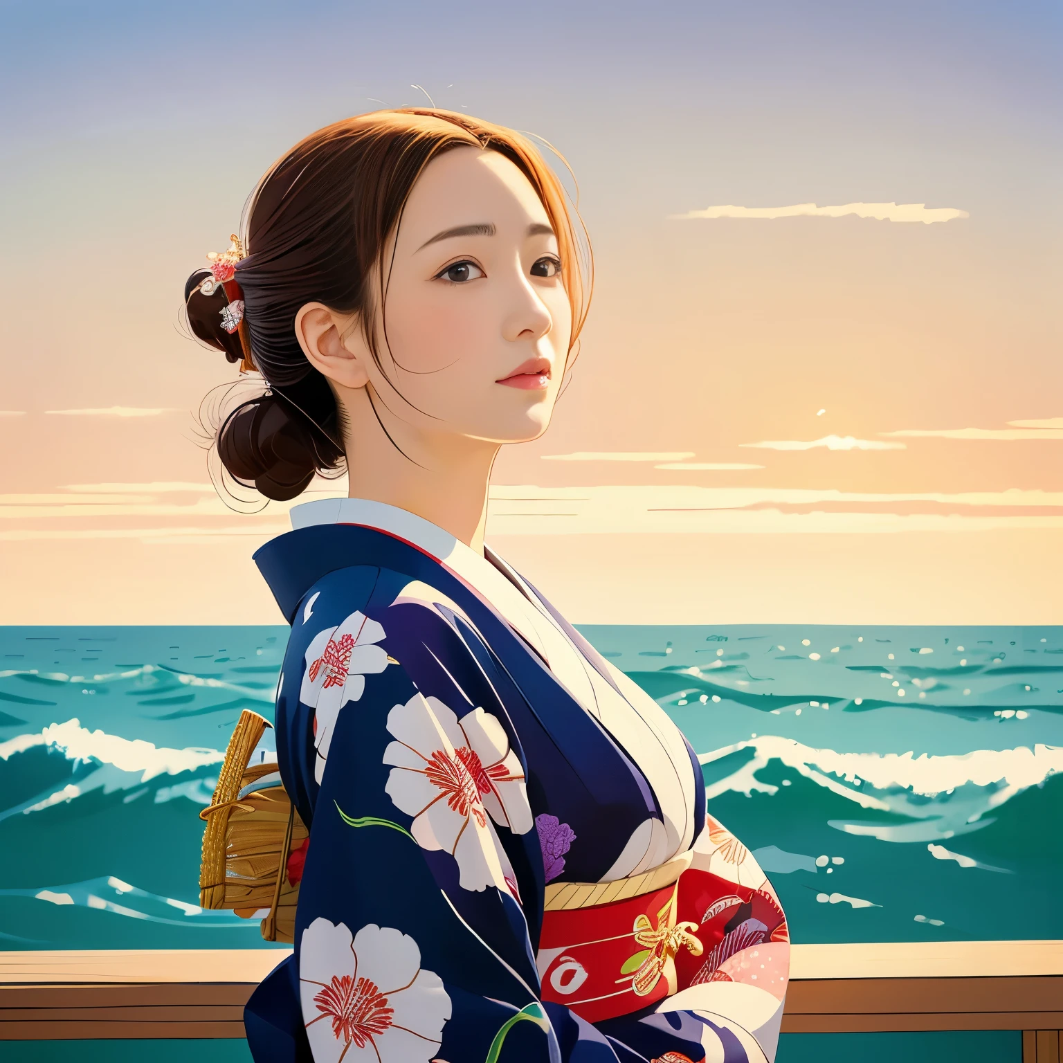 Illustration Style, ukiyo-e, Showa anime, woman, (Sensitive), Asahi, (highest quality, Ultra-detailed,Portraiture, Natural light)、kimono,Ocean