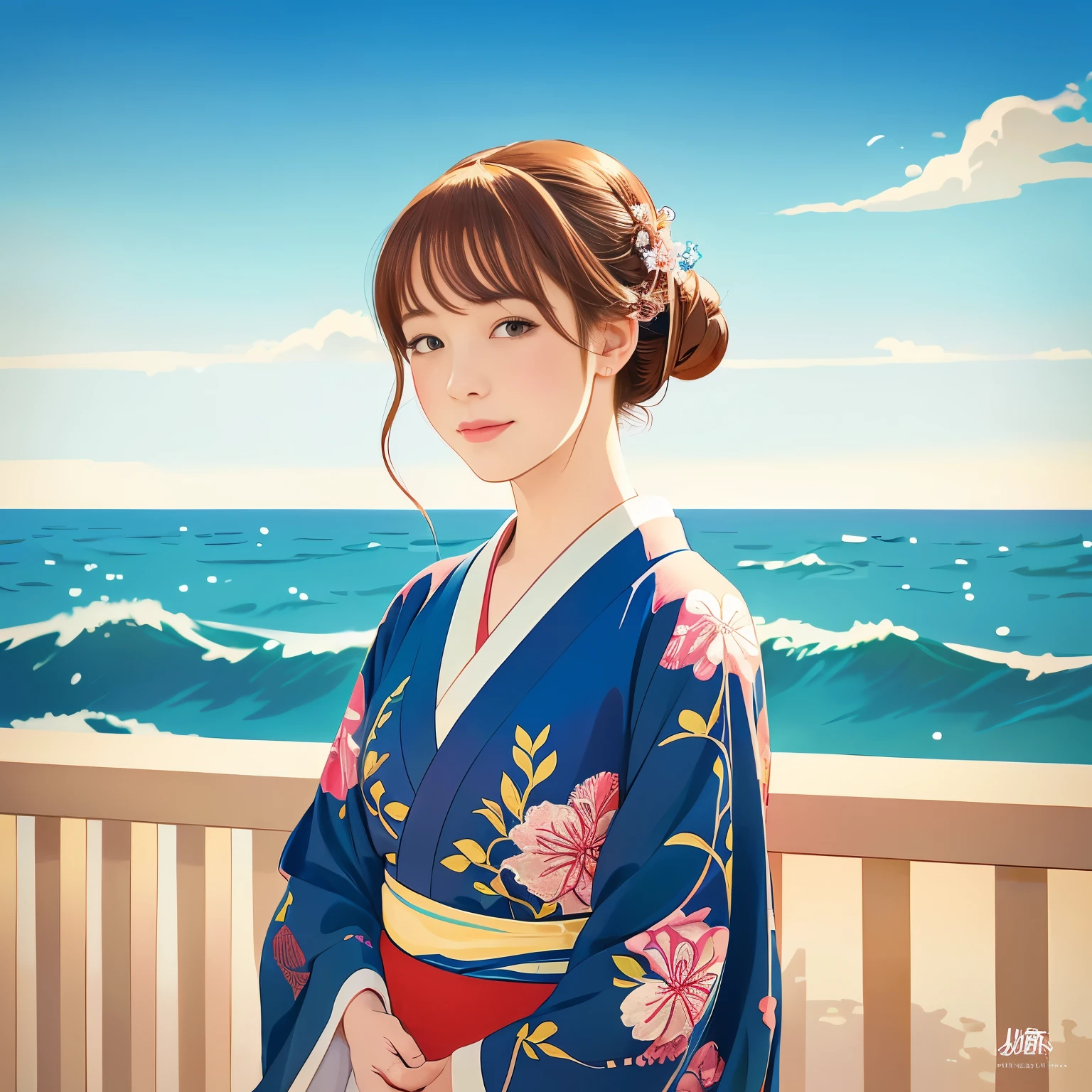 Illustration Style, ukiyo-e, Showa anime, woman, (Sensitive), Asahi, (highest quality, Ultra-detailed,Portraiture, Natural light)、kimono,Ocean