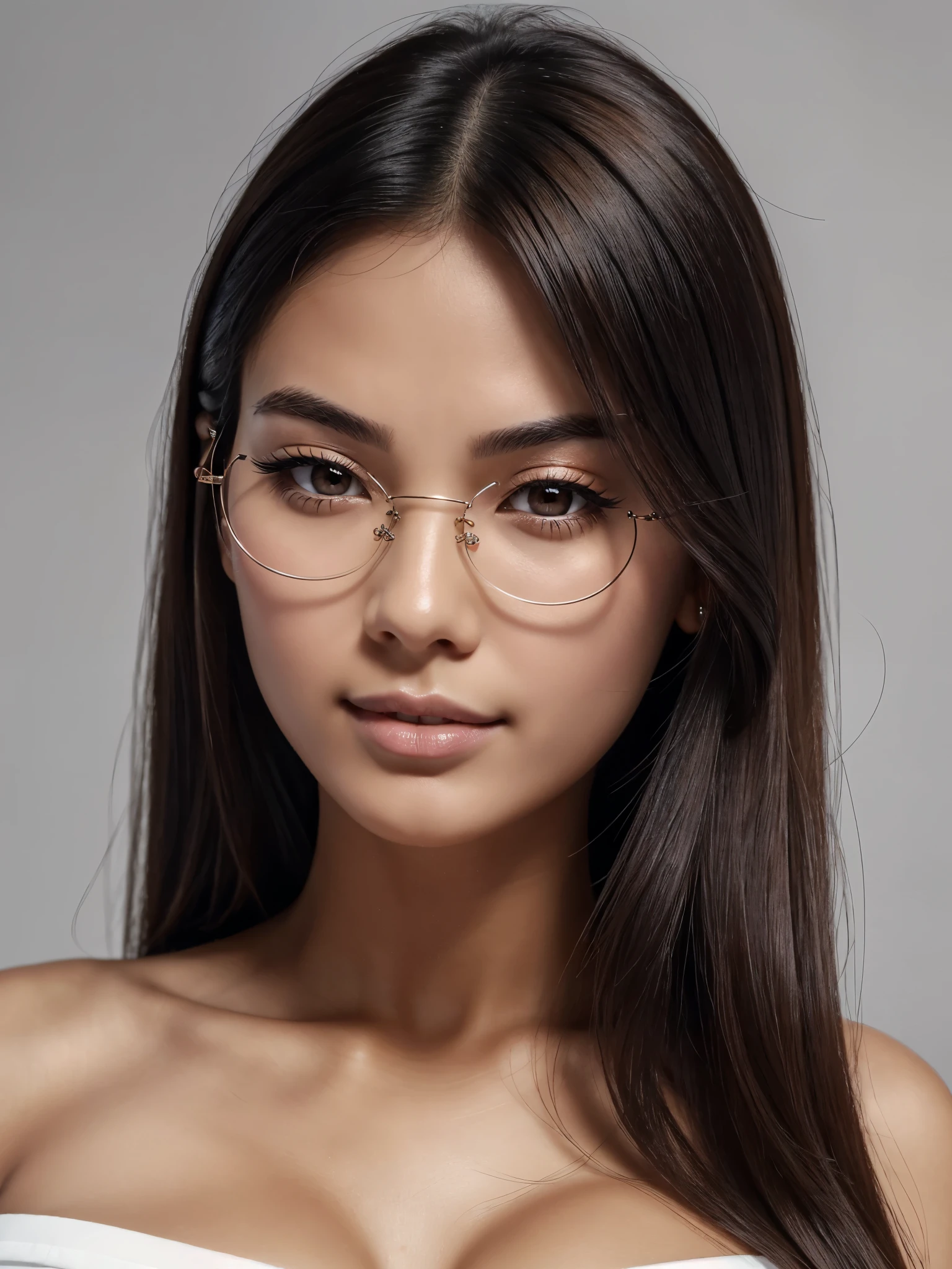 ((Beautiful)+nerd:0.8+cute:0.9) asian_woman, 20_years_woman, young_facial_feautures, (short_head:1.5 round_face:1.5), long_hair straight_hair (black_hair:1), symmetric_eyes:1 monolid_eyes:1 large_eyes:1.2 short_eyes:1.2 eye_wings:0.8 brown_eyes:1.5 mahogany_brown_eyes:1, double_eyelid:0.8, small_eyebrows:1.5 rounded_eyebrows:1.3, (tanned_skin:1.3), european_nose:1 delicate_nose:1.2, young_gorgeous_woman, feminine_cheeks large_cheeks:1.3 round_cheeks:1.2 cheek_dimples:0.9, small_lips:1.4 pink_lips:0.9, most_beautiful_woman (1Woman:1.5, (Masterpiece, 8K, best quality, highres:1.5), (three_quarter_shot:1.5, looking_at_viewer:1.5, body_looking_at_viewer:1.5), white_photoshoot:1, white_room:1, white_backdrop:1.5, standing, neutral_body_posture:1.5, (neutral_flirty_expression:1.5), wearing white_strapless_mini_dress), (pouting lips:1.3), slender_body:1, short_body:1, (big breasts:1.3), sexy glasses