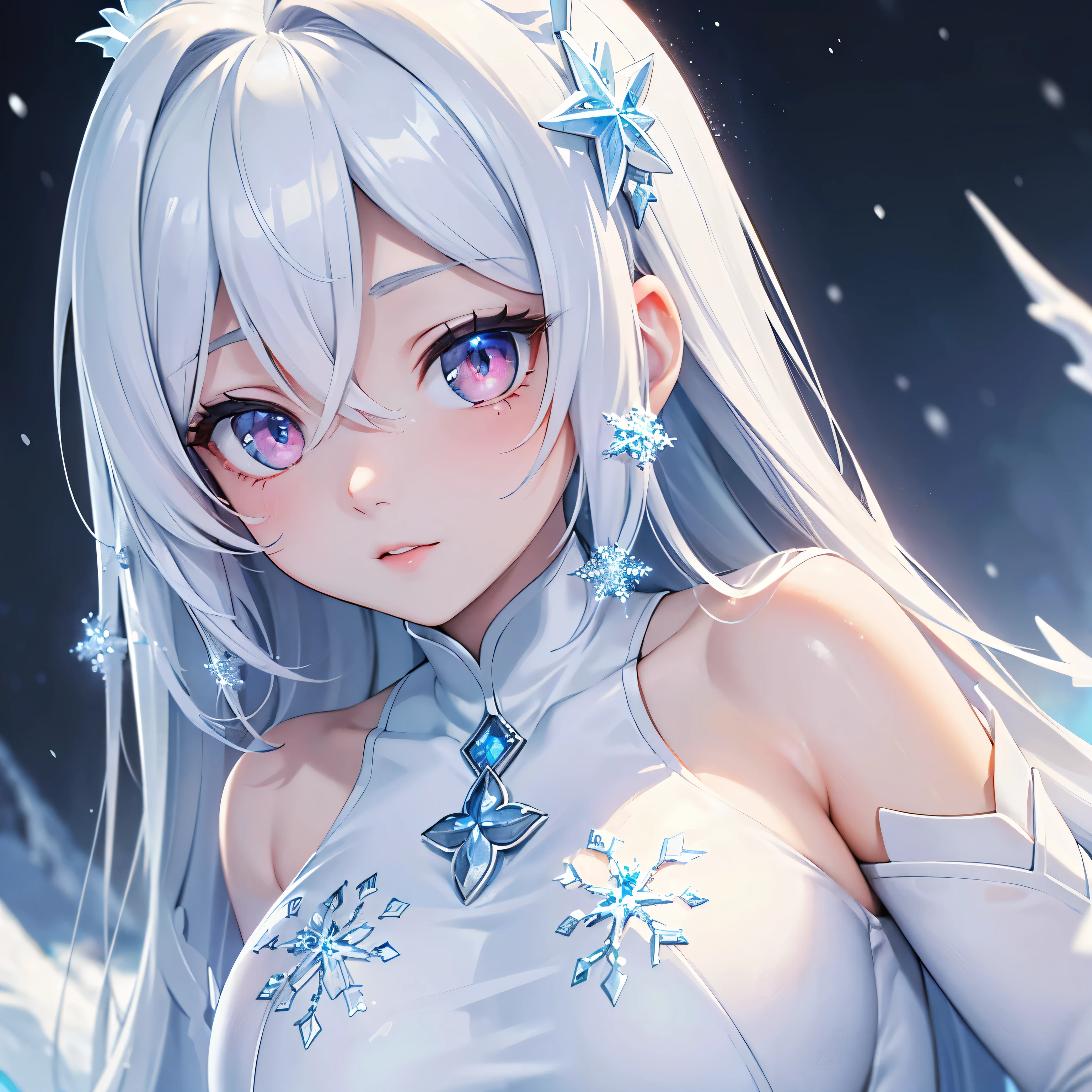(masterpiece,best quality,ultra-detailed),1girl, large breast, glowing eyes,long hair,(((frost pretty girl))),beautiful and detailed face, detailed eyes,night,snow particles in the air,((frost theme)),((((frost theme)))),