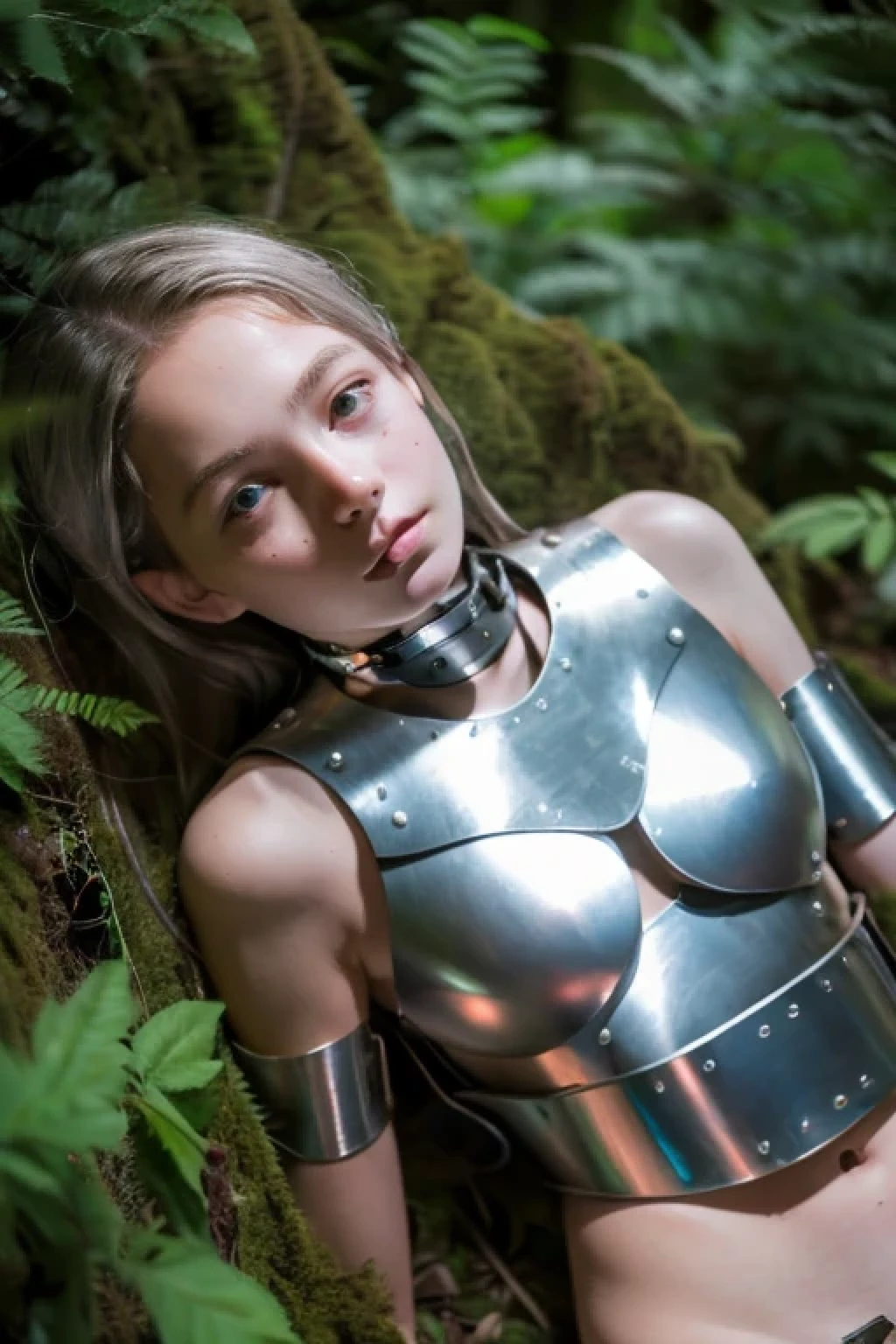(photo Realistic:1.4), (hyper Realistic:1.4), (Realistic:1.3), best quality,evening,dead,corpse,girl,nude,pussy,(Silver metal breastplate),Fallen,13 years old,slender,in the forest,from above,dirty skin