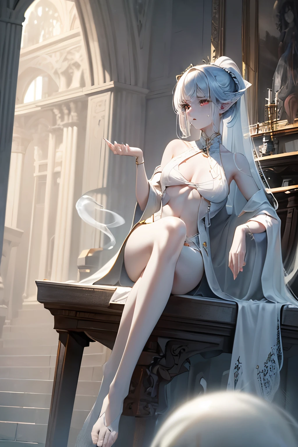 (best quality,16k,ultra-detailed,hyper-detailed:1.1,professional:1.1),banshee,female ghost,sitting,masterpieces,mature looking,pale face,perfect body shape,underboobs,bare shoulder,pale skin,shiny,smooth legs, betraded sad, super emotional, crying, tears, close-up
