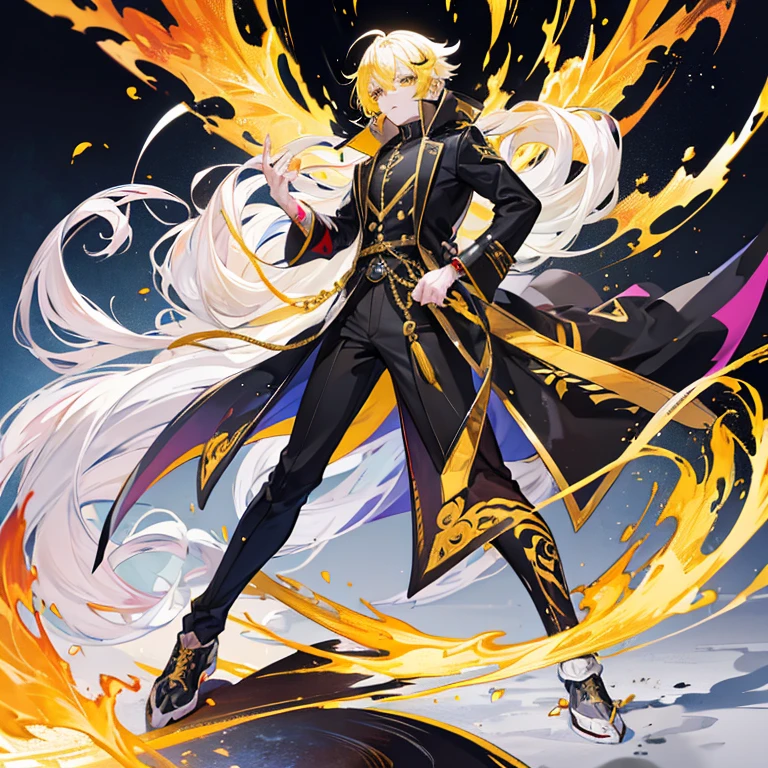 Half-dragon man, black Nike coat, white Guti pants, yellow hair, golden coat and golden eyes, golden scales on his neck, he&#39;s always angry and has a pistol in his hand, the tail of a dragon and the horns of a drunken dragon with a beer in his hand 