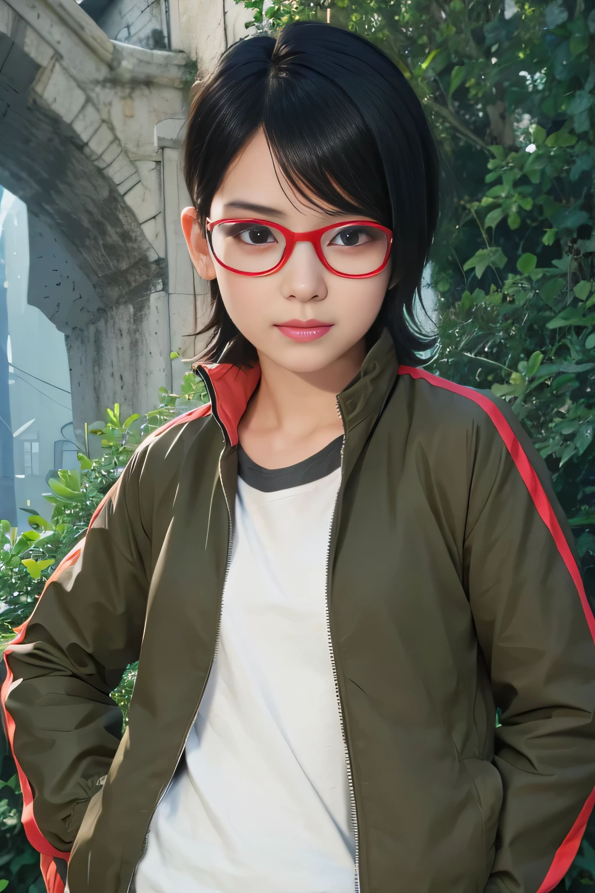 masterpiece, best quality, (realistic,photo-realistic:1.4), (RAW photo:1.2), extremely detailed CG unity 8k wallpaper, delicate and beautiful, amazing,finely detail, official art, absurdres, incredibly absurdres, huge filesize, ultra-detailed,extremely detailed eyes and face,light on face,haruno sakura,(little smile),(black hair:1.4),(short hair:1.4),(wearing jacket:1.5),city ruins,bikini,(wearing red framed glasses:1.4),white t-shirt,(small breast:1.3)