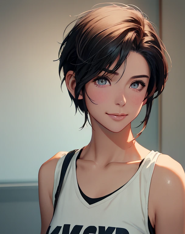 highest quality, Ultra-high resolution, (Realistic: 1.4), beautiful Eyes, Super beautiful, Very short hair, beautiful, lover, Rough chest T-shirt, beautiful Soldier, Eyes that beckon the viewer, loverの視点, Attractive expression, Sexy smile, Perfect Style, Perfect balance, Detailed skin, Mischievous Gaze, I can see your chest