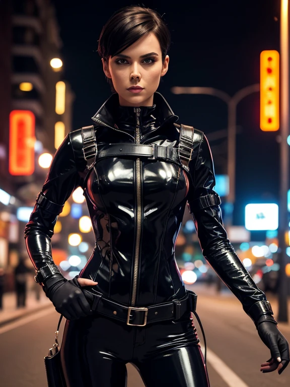 Extremely detailed, Very spicy, Best Quality, woman's, The face of Sophie Thatcher, Black Latex Rider Costume, tall and slim physique, harness, night time, Night Street, Lights, Very short black haircut, dark makeup, pauldrons, Holster,