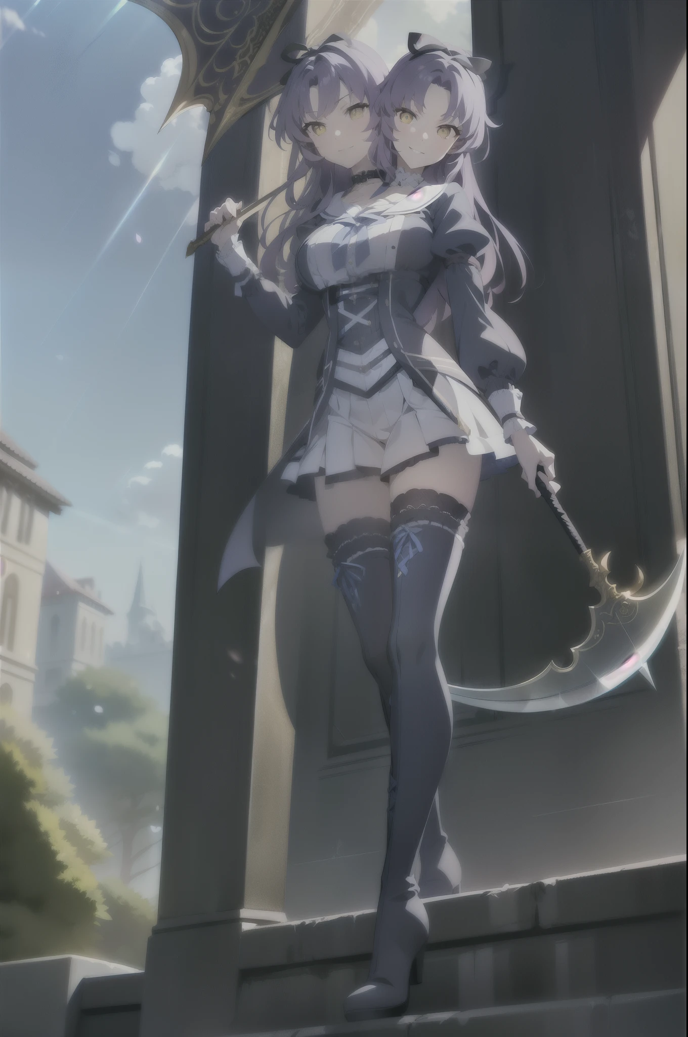 (2heads:1.5), (masterpiece), (best quality), absurdres,(ultra-detailed), (highres), (detailed background),
1girl,standing,elegant ,silhouette, smirk, mischievous,
(renne_sen),  full body, solo focus, (hand holding a (large Scythe:1.4)),(medium hair:1.2), medium breasts, gothic style,hair ribbon,shirt, long sleeves, white skirt, frill thighhighs, cross-laced boots,  cuffs, frill choker,
day, sun light, blue sky, dynamic camera angle, Middle Ages European Building Style, lens flare,
