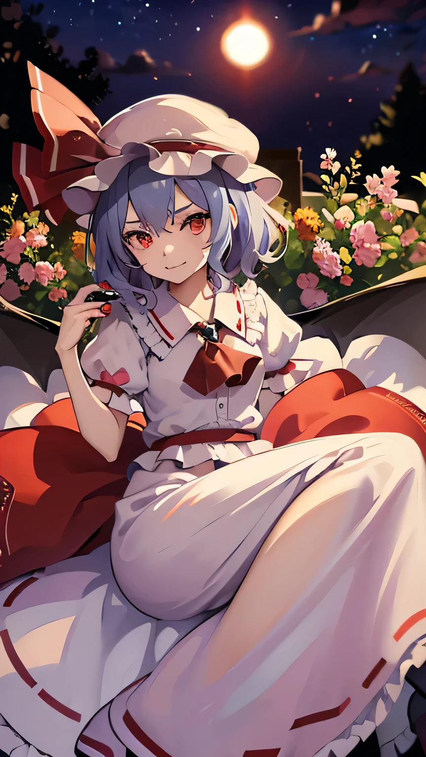 ((masterpiece)), ((highest quality)),One girl, Remilia_scarlet,Laugh gently，short_hair, short_sleeve，　night