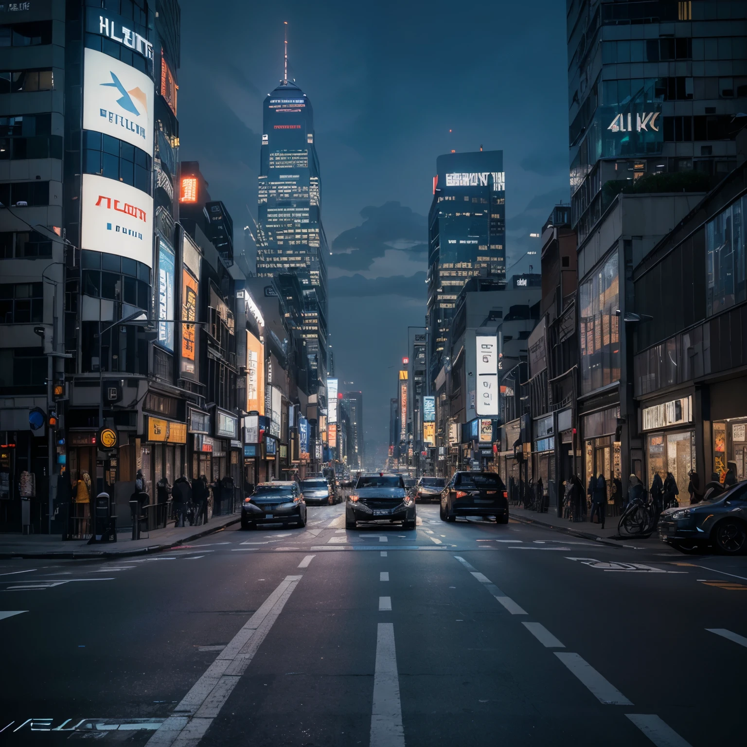 (best quality,4k,8k,highres,masterpiece:1.2),ultra-detailed,(realistic,photorealistic,photo-realistic:1.37),skyscrapers,night view,neon,cyberpunk,cityscape,glowing lights,vibrant colors,reflective surfaces,tall buildings,imposing structures,urban landscape,futuristic,high-tech,modern architecture,city skyline,lit up streets,nightlife,hustle and bustle,noisy atmosphere,sleek design,silver metallic,chrome finishes,fluorescent signs,light trails,artificial intelligence,pixelated aesthetics,digital art installations,tech-savvy,innovative,cutting-edge technology,glowing billboards,sharp angles,electric blue,holographic projections,futuristic vehicles,flying cars,traffic jam,gritty streets,urban decay