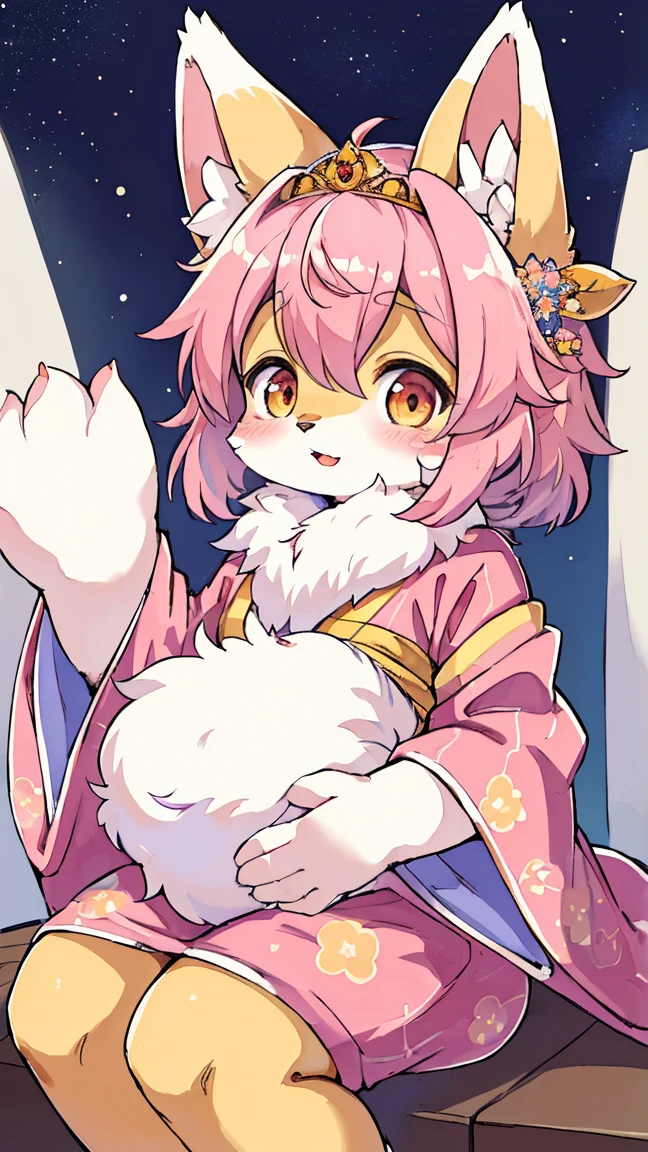 Furry, furry kemono, female fox furry, cute, 4 big and fluffy ear, chubby, cute little baby, pink and coloured hair, fluffy gold and pink coloured tail, a kimono with galaxy pattern, sitting on fluffy cloud, luxury, a luxurious tiara, a night sky background, blushing a little, a constellations in the sky, stardust trailing, a glowing star-shaped birthmark on cheek, (((masterpiece))), (((best quality: 1,4)))