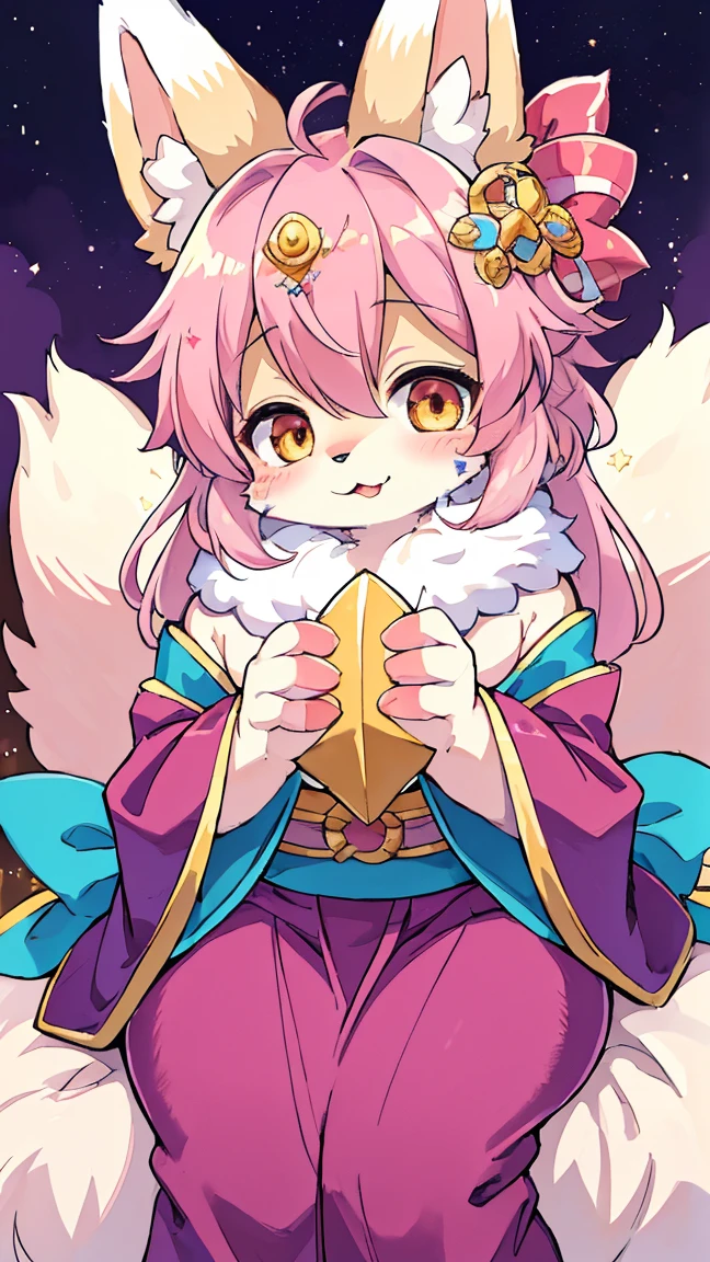 Furry, furry kemono, female fox furry, cute, 4 big and fluffy ear, chubby, cute , pink and coloured hair, fluffy gold and pink coloured tail, a kimono with galaxy pattern, sitting on fluffy cloud, luxury, a luxurious tiara, a night sky background, blushing a little, a constellations in the sky, stardust trailing, a glowing star-shaped birthmark on cheek, (((masterpiece))), (((best quality: 1,4)))