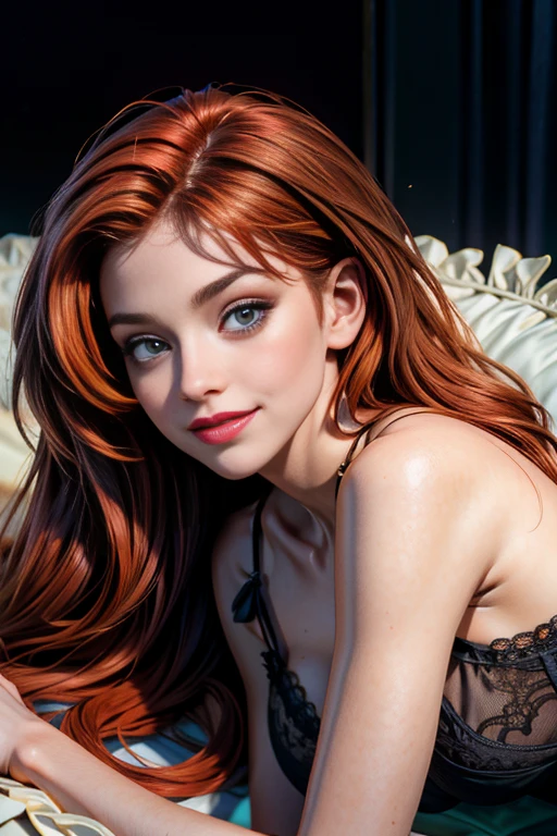 une femme de 25 ans, rousse, sexy, romantic smile, HD, 8k, masterpiece, a lot of details, lingerie en dentelle noire, gothique, sur le dos, lying on her back, lying in the hay