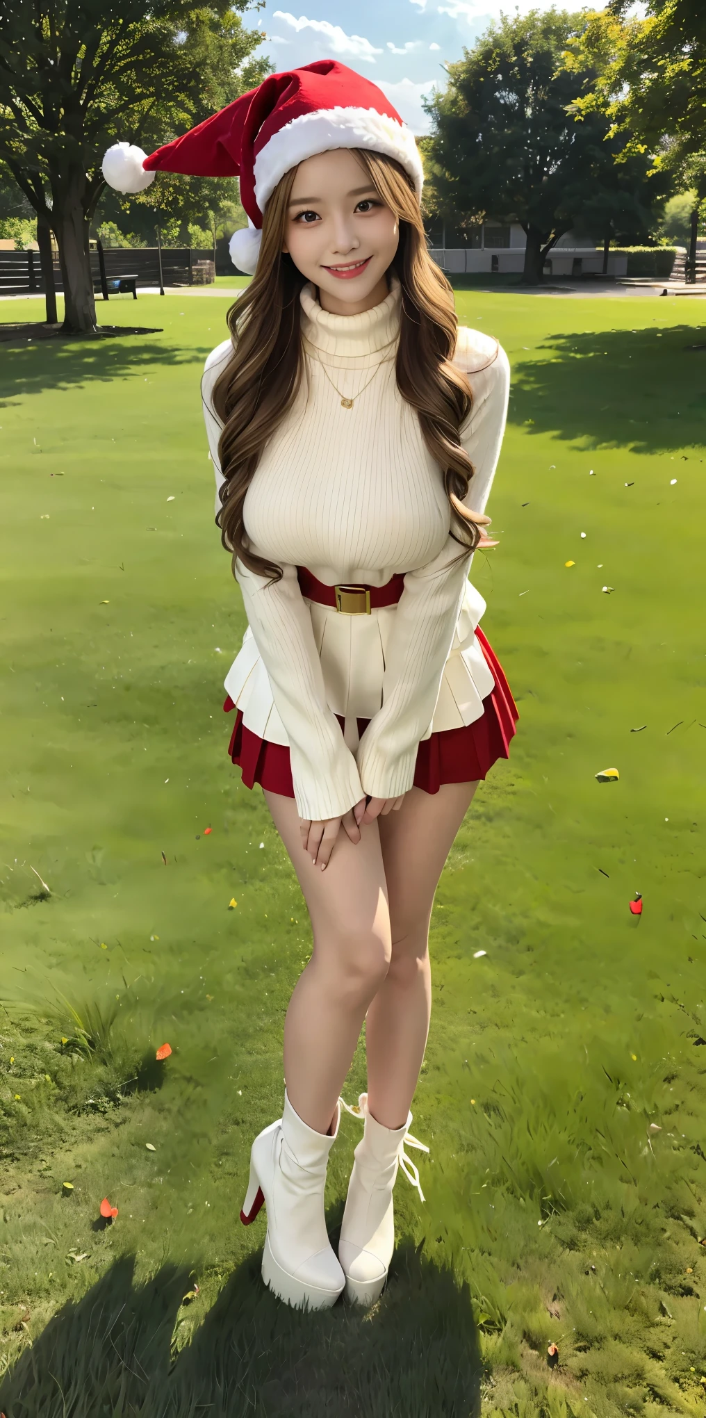 ((Full image from head to toe))、(Standing posture)、23 is a novel, Long dark blonde wavy hair、Santa Claus Costume、Red and white knit hat、White turtleneck sweater, y nippte and red pleated skirt、,Medium Milk, Cute Smile、Beautiful Necklace、Red High Heels、sexy lace pies、Visiblof the whole body、On the grass in the park、Squat on your knees、Cute smile with upward glances