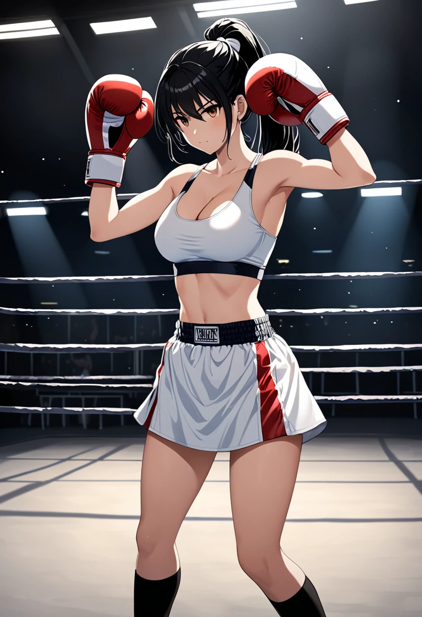 high quality, Girl, Long black hair tied into a ponytail, Brown eyes, Arrogant smile, Wearing a sports bra，miniskirt, Black knee socks，High heel，Wearing white boxing gloves, Standing alone in the dark boxing ring of an empty gym, hands wearing boxing gloves，Defend at head level，Cleavage，nipple