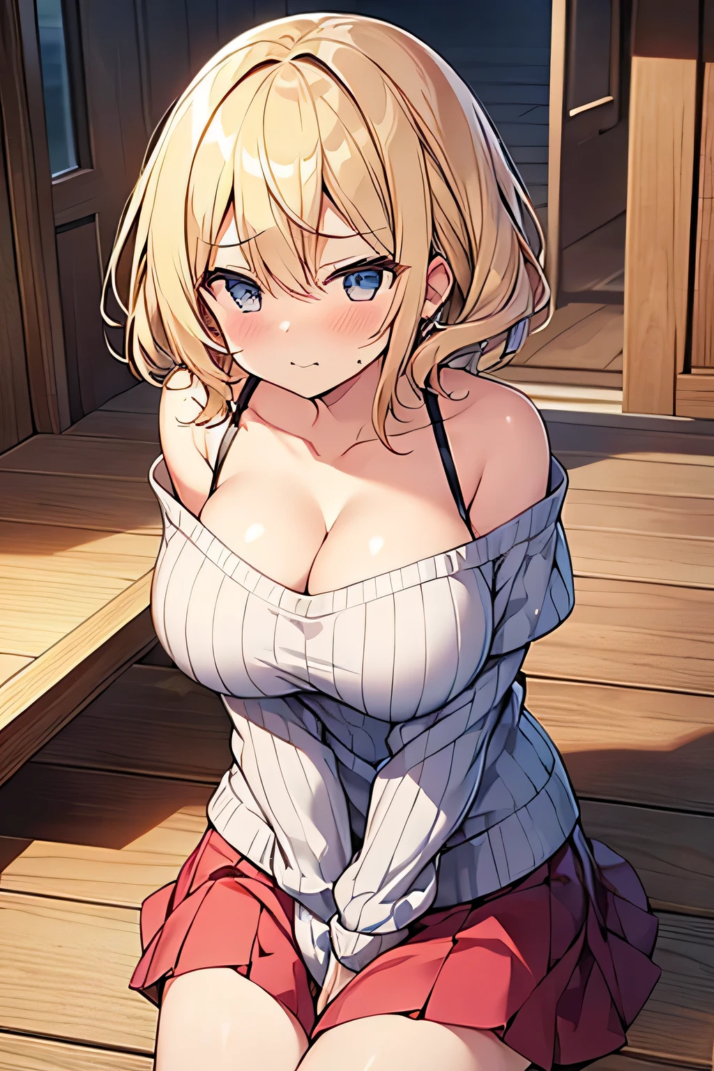 Tabletop, highest quality,figure, wallpaper, Super detailed, Absurd beauty、1 beautiful girl、 (Blonde、short hair、Wavy Hair、Ample breasts、Very large breasts、clavicle) , Fold your arms under your chest、Keep your head small、Accentuate your cleavage、Casual clothing、Off the shoulder、Knitted sweater、skirt、great outdoors、In town、Get angry、Bad mood