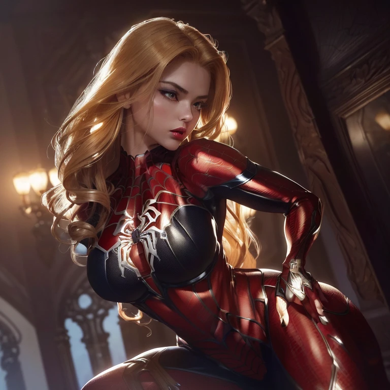 (masterpiece, best quality, ultra-high res, intricately detailed web patterns on spider suit, lifelike spider legs, perfectly sculpted body, seductive pose, Spider-Girl in erotic setting, intense focus on curves and muscles, hyperrealistic, cinematic lighting, intense detail on facial features, expressive eyes, bold red lips, long blonde hair cascading over shoulders, immaculate skin with a slight sheen, symbolic use of spider webs as part of the setting, 4K, trending, dramatic angle, close-up)
A breathtaking masterpiece showcases Spider-Girl in an unexpected and alluring setting.
