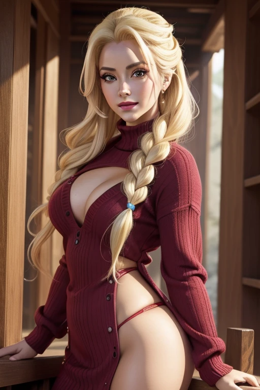tsunade is elsa of frozen, sonriente, ((Maquillaje muy intenso)), ((Glossy lipstick)), voluptuoso, Cabello largo, blonde hair, cabello lacio, red sweater, escote, Vaqueros cortos, derriere, beautiful buttocks