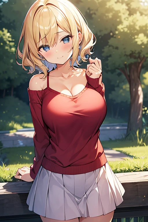 Tabletop, highest quality,figure, wallpaper, Super detailed, Absurd beauty、1 beautiful girl、 (Blonde、short hair、Wavy Hair、Ample breasts、Very large breasts、clavicle) , Put your arms behind your back、Keep your head small、Accentuate your cleavage、Casual clothing、Off the shoulder、Knitted sweater、skirt、great outdoors、Close your eyes and laugh、Shyness