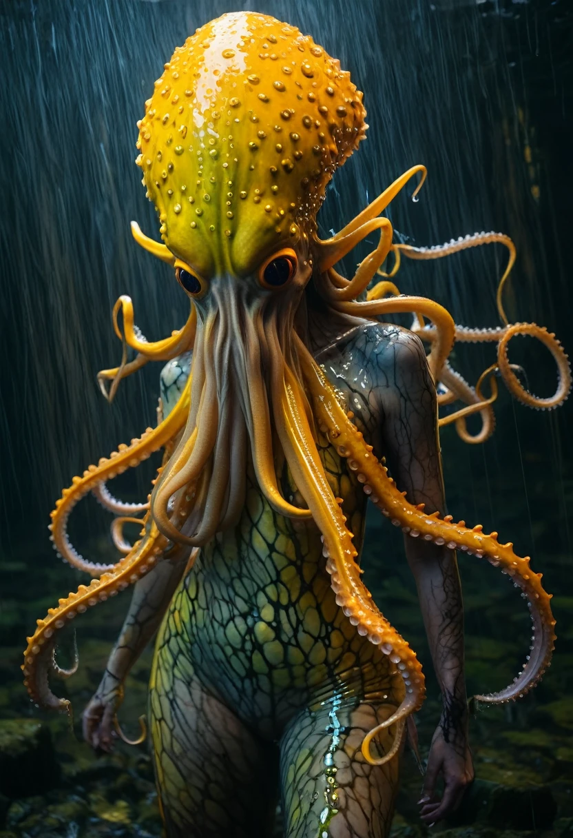 8K, ARTISTIC photogrAphy, best quAlity, mAsterpiece: 1.2), A (potrAit:1.2) witch Cthulhu soldier, ORANGE-BLACK many octopus style tentacles, full body RAW candid cinema, yellow hair, 16mm, color graded portra 400 film, remarkable color, ultra realistic, sad admosphere, dark lighting, oppressive atmosphere, depressive colors, kodak portra 400, photograph,r, Natural Light, Pinhead lighgts, blur reflection, Brush Strokes, Smooth, abstract, Splatter, Oil On Canvas, rainbow colors, fractal isometrics details bioluminescens : a stunning realistic photograph of wet bone structure, 3d render, octane render, intricately detailed, titanium decorative headdress, cinematic, trending on artstation | Isometric | Centered