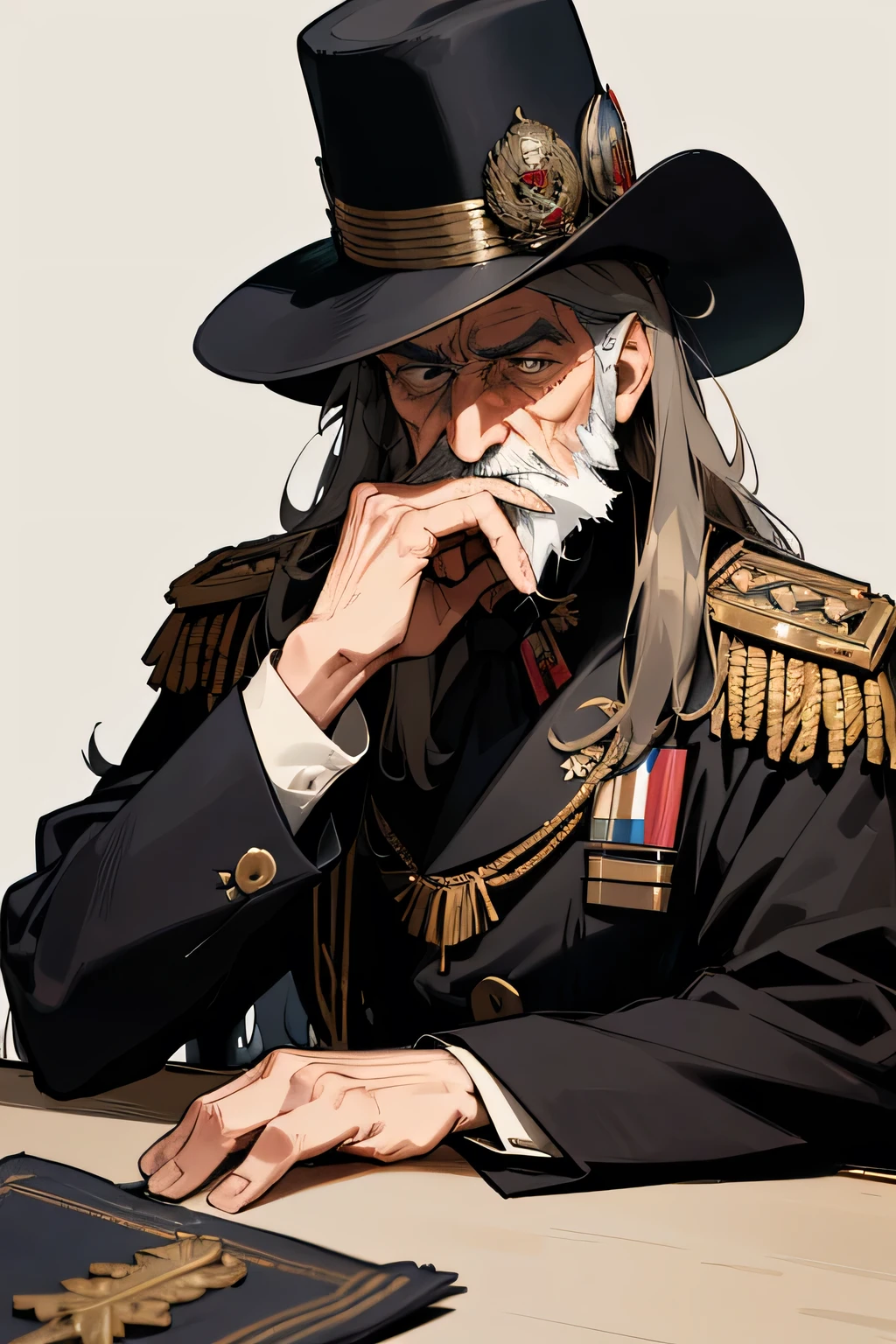 Old man, unkempt hair, long beard, hair covering side of face, black brimmed hat, formal clothes, military clothes, 19th century military dress, medals, epaulettes, sash with medals, decorated general, serious, hands on face elbows resting on table, sitting on desk, thinking