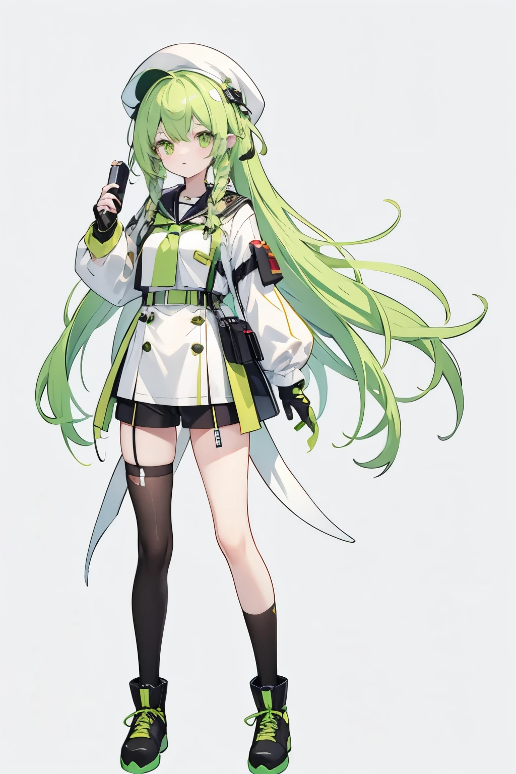 1 girl,Light green hair,Double tail,Braid,Pick and dye red hair,White work hat,Future light technology design clothing,White top,Black shorts,Ankle boots,Wear black gloves,Stockings,Character setting diagram,Three View,Full body picture,Green, yellow and white color,Color matching: white as the main color and green as the auxiliary color,Handheld megaphone