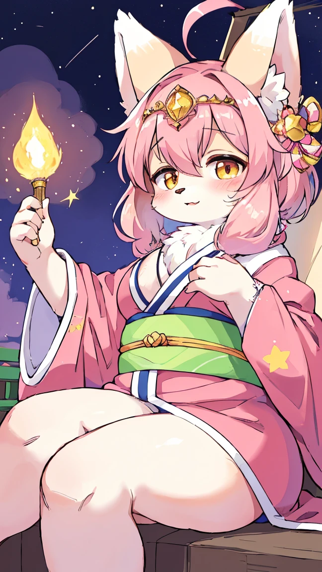 Furry, furry kemono, female fox furry, cute, 4 big and fluffy ear, chubby, cute , pink and coloured hair, fluffy gold and pink coloured tail, a kimono with galaxy pattern, sitting on fluffy cloud, luxury, a luxurious tiara, a night sky background, blushing a little, a constellations in the sky, stardust trailing, a glowing star-shaped birthmark on cheek, holding a glowing star, (((masterpiece))), (((best quality: 1,4)))