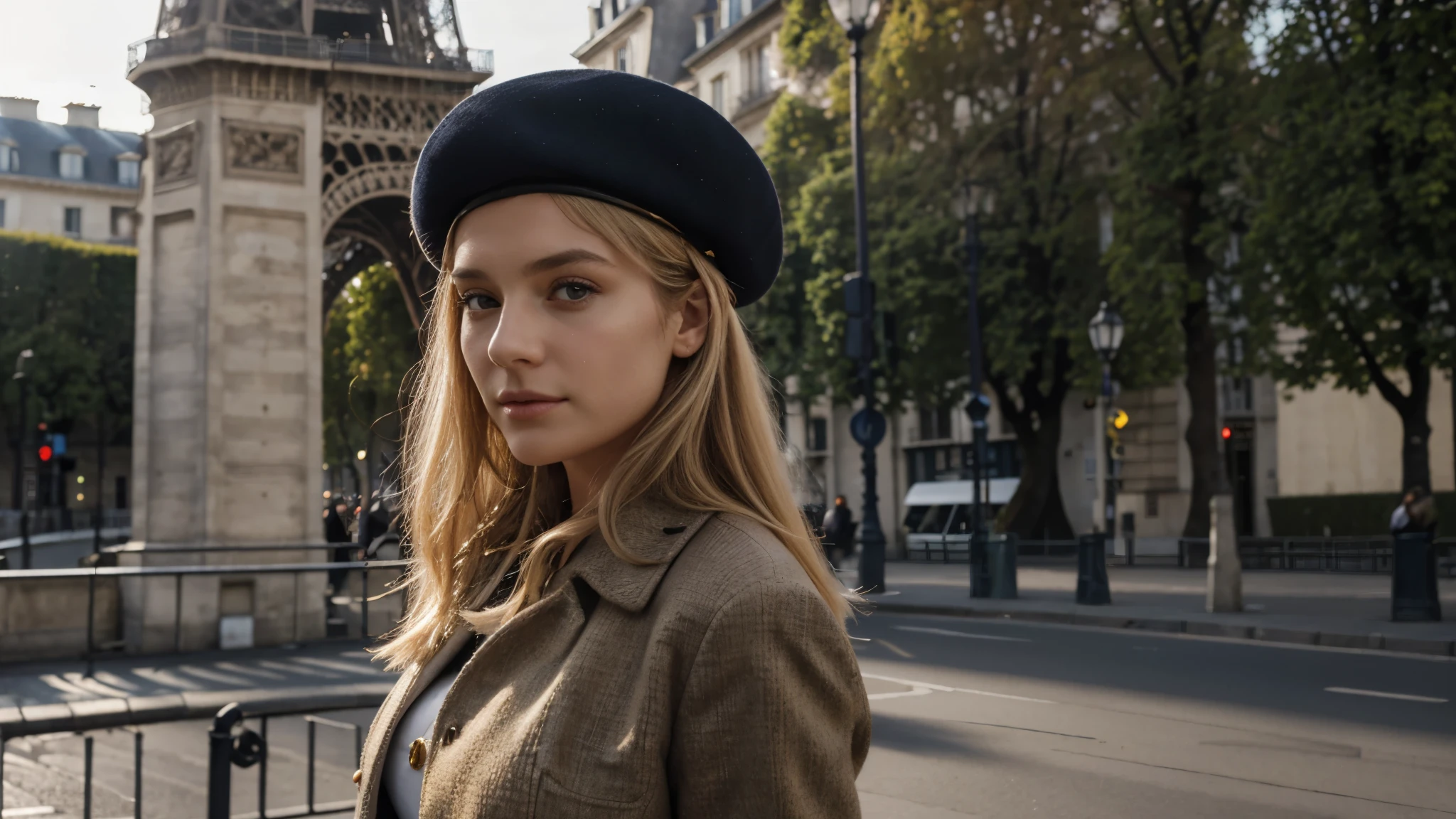 8k, la plus haute qualité, ultra details, Femme francaise, jeune, Realistic, les temps modernes, tenue annee 90 france, beret blonde, outdoor lighting, cadre paris, background Eiffel Tower, outdoor, solar flare