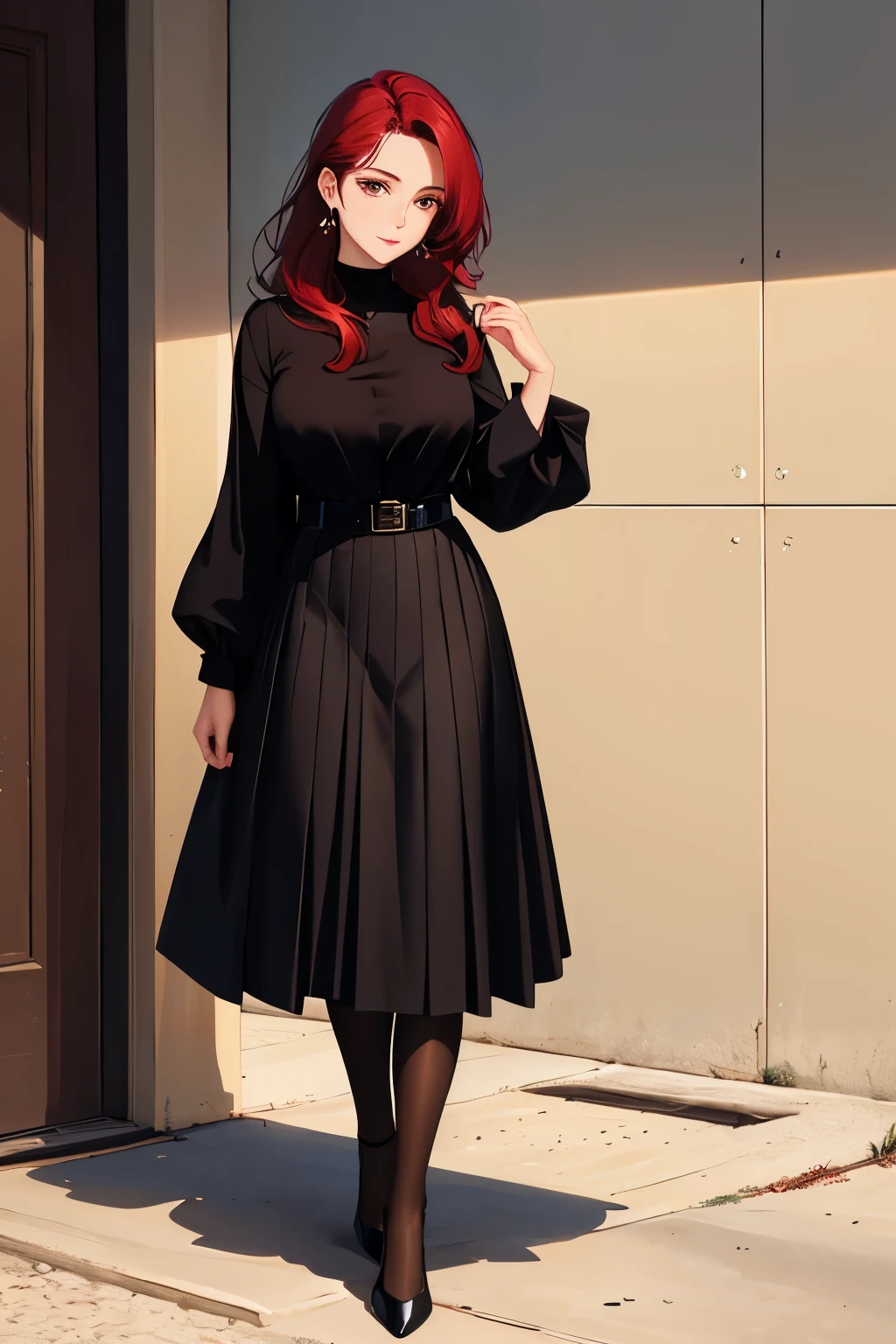 Masterpiece of a beautiful girl: 1.2,
Medium-red hair, Brown eyes: 1.0,
Stunning face: 1.1,
Black blouse: 1.0,
Long maroon skirt: 1.0,
Black heels: 1.0,
High resolution: 1.0,
Detailed texture: 1.5,
Ambient lighting: 1.0,
Black accessory belt: 1.0,
Elegant pose: 1.0,
Confident expression: 1.1.