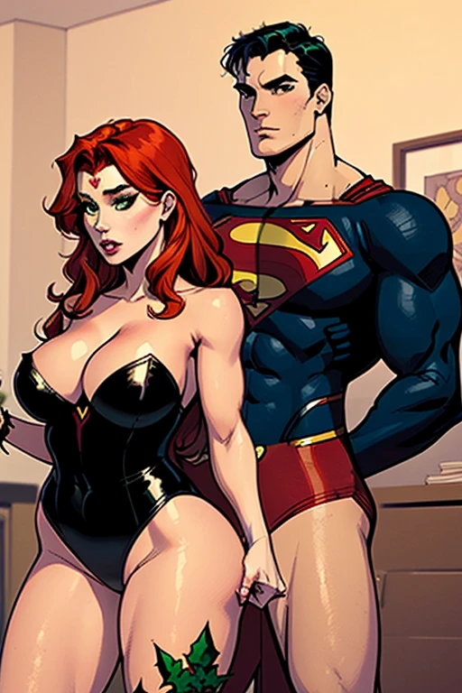 (((Poison Ivy))), (((Superman))), High quality, best quality, masterpiece, (1boy1 1girl), (hetero:1.5), mature woman, curves, long wavy redhead hair, green eyes. cleavage. (((woman wearing strapless black leotard))), reverse suspended congress, legs spread