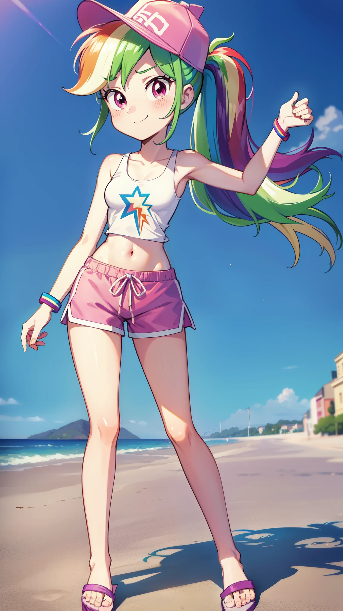 Rainbow Dash,1 girl, Equestria Girls, rainbow hair, long ponytail, purple eyes, clear blue skin, small breasts, detailed body, detailed face, detailed eyes, glistering body, shiny body, gorgeous body, masterpiece, athletic body, full body, smilling, ((pink hat, yellow tank top, midriff, pink swim trunks , flip flops)), beach, clear sky, standing, solo,