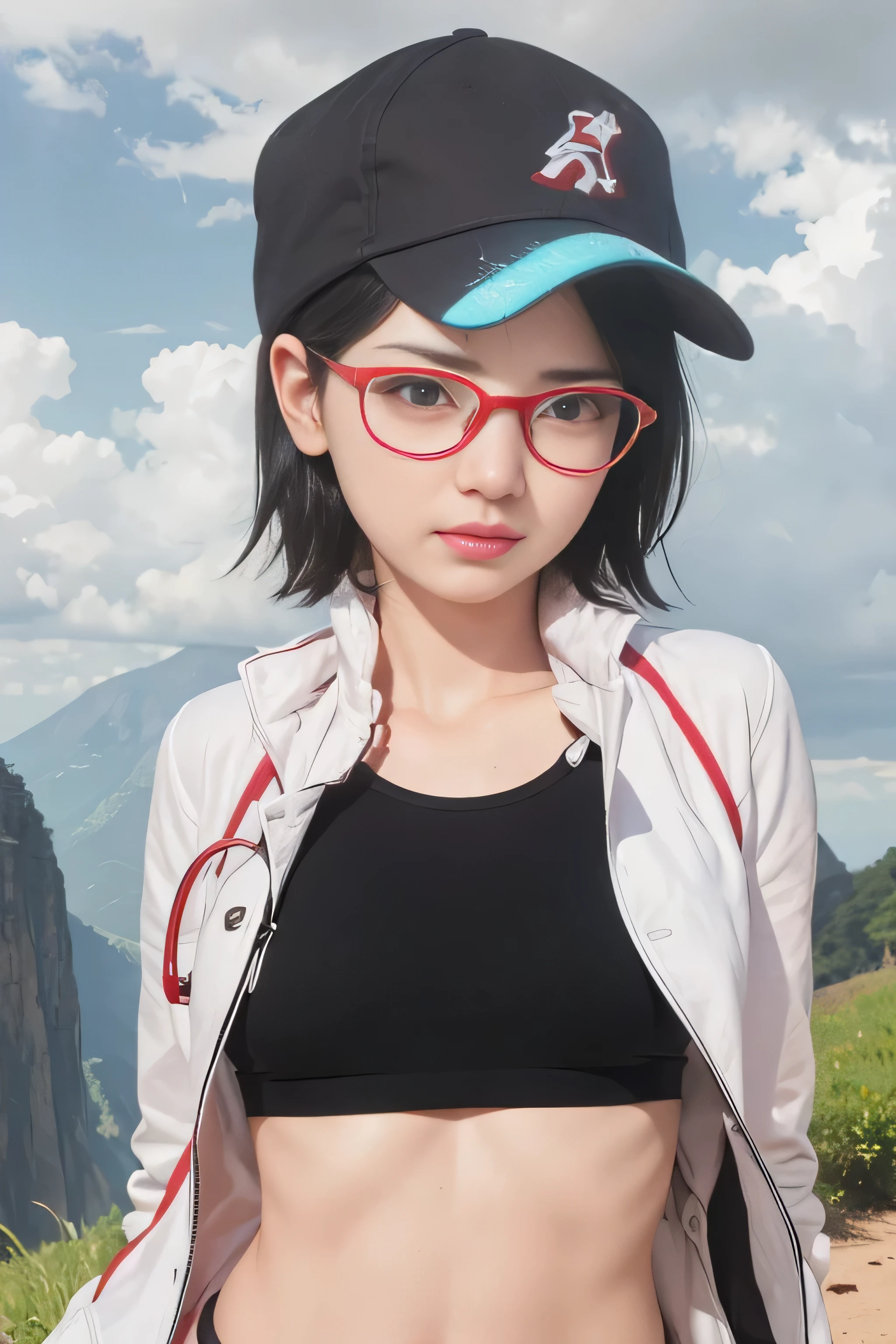 masterpiece, best quality, (realistic,photo-realistic:1.4), (RAW photo:1.2), extremely detailed CG unity 8k wallpaper, delicate and beautiful, amazing,finely detail, official art, absurdres, incredibly absurdres, huge filesize, ultra-detailed,extremely detailed eyes and face,light on face,sarada uchiha,(little smile),(black hair:1.4),(short hair:1.4),(wearing white coat:1.5),nature,(wearing red framed glasses:1.4),torn t-shirt,(small breast:1.3),(baseball hat:1.3),sports bra