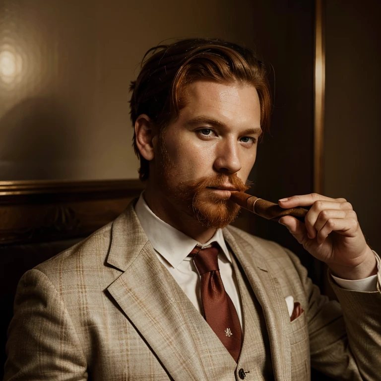 (Masterpiece) (best quality) (portrait) man with short messy styled ginger hair with short ginger beard. Smoking a cigar in his mouth, with an expensive suit on. (Looking away from viewer)