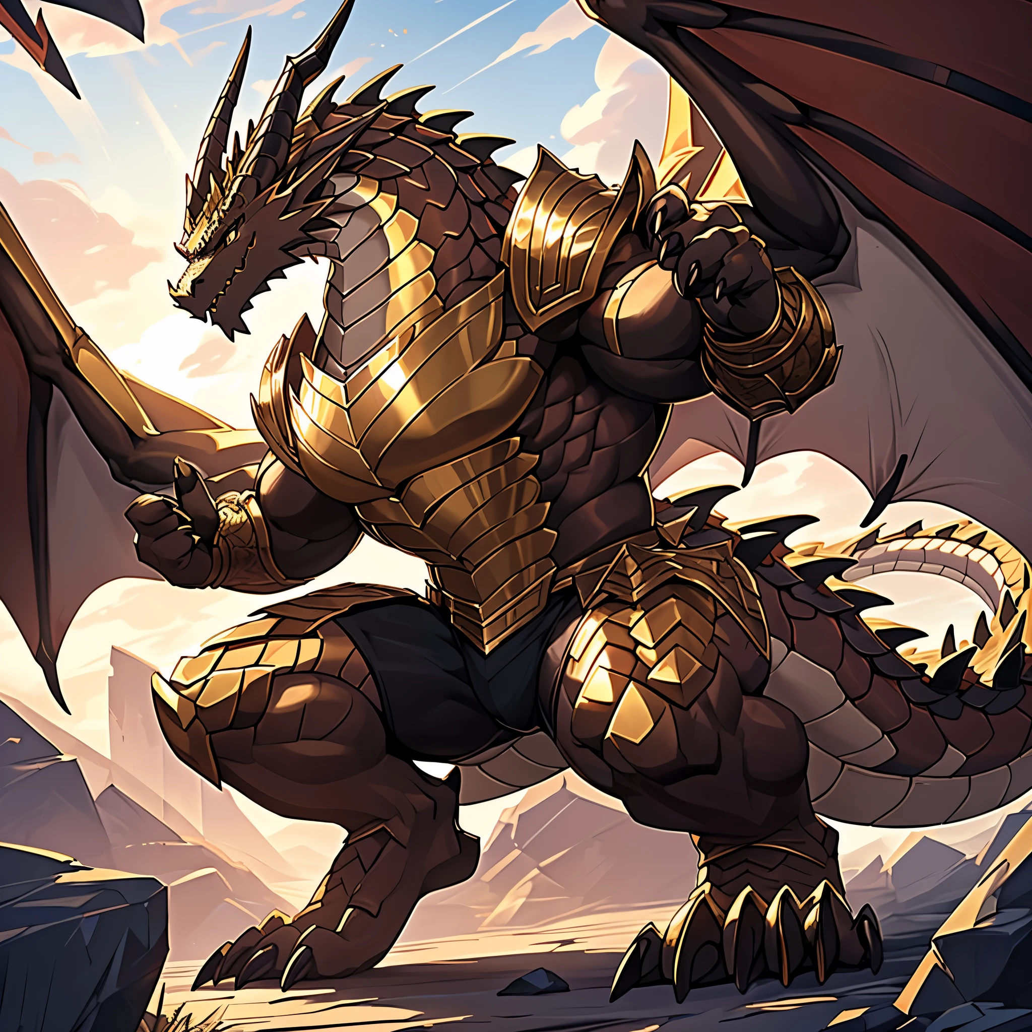 (The tyrannical and powerful Dark Gold Dragon King，Wearing modern black and gold armor and black tights，Inlaid with dark gold gemstones：200)，Strong physique的龙形恶魔，(Large dragon body，Huge chest，Majestic wingspan，Sharp and huge dragon claws，Thick iron tail，Sharp dragon scales，The huge dark gold dragon king：2)，Strong physique，(Dark gold scales，Very tight crotch，Mighty dragon-shaped demon：2)，Dragon legs apart，Dragon wings unfold，The dragon's claws open，Excited grin，Huge mount，Overwhelming presence，Full body picture，Very detailed，4k HD