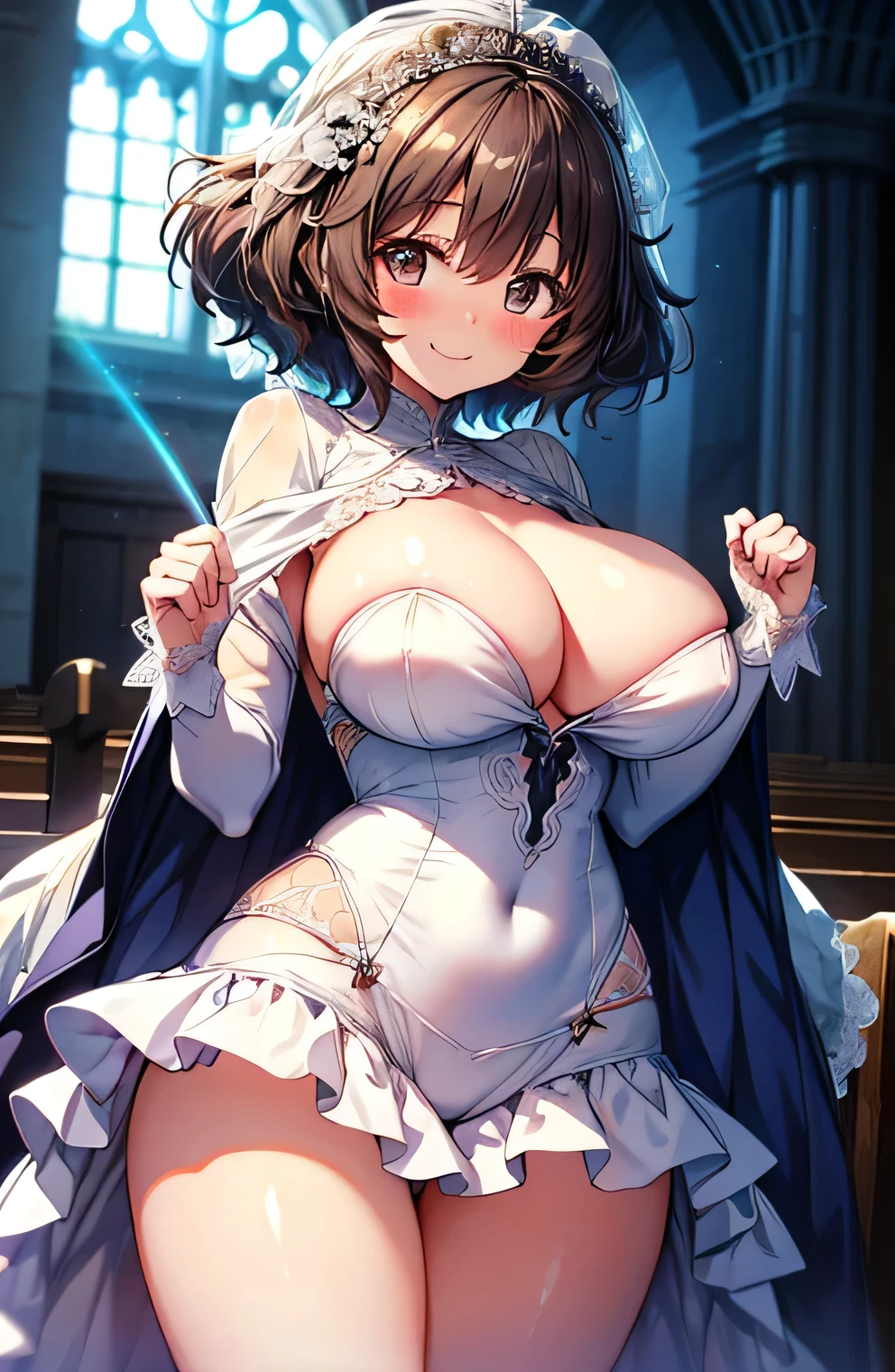 Anime illustration、Fantasy、highest quality、wedding style、Chapel、Clear skies、neat wedding dress、Perfect proportions、overwhelmingly big breasts、Very thick thighs、Beautiful, shining eyes、Blushed、smile、Cowboy Shot