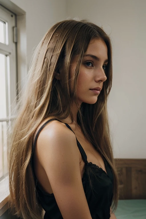 Une femme blonde de 23 ans, ((hyperréalisme)) ,. blonde hair with light brown roots. cheveux blond, Cheveux aux racines brunes, very long hair, very long hair, very long hair, Beau, side view,Grèce, photo automatique, Photo prise avec iPhone, Coupe-bas, photo automatique, high quality, photo automatique iPhone, encolure, yeux verts, full lips, iphone noir