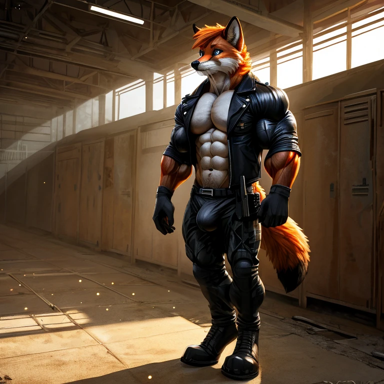 Masterpieces, furry, male, Anthropomorphic, red fox, blue eyes, black mark on muzzle, (whiskers), thin body, age 20, Delicate eyes, furred body, at chernobyl, perfect lighting, light particles,(best quality),(masterpiece),(ultra detailed), sharp focus, light particles, detailed barren background, black militant camo short, shirtless , no shirt , fierce look, soldier look, full body, eight pack abs, brown forearms, (detailed muscle:2), orange hair, (digitigrade), ((open black leather jacket)), pistol holster, holding a auto mag 9, big bulge