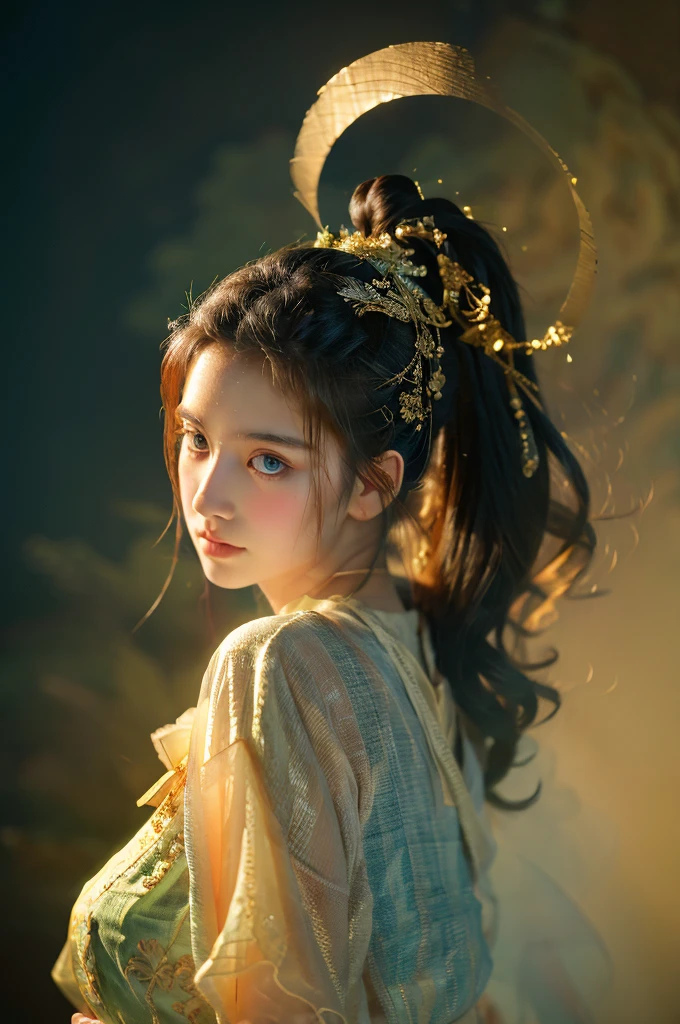 ( masterpiece, top quality, best quality,8k, girl,ultra detailed,raw photo:1.5),(photorealistic:1.4),(cinematic lighting), PerfectNwsjMajic, , Surrealism, UHD, ccurate, Super detail, textured skin, High detail, Best quality, dynamic angle, (high nose,White skin),[Beautiful blue eyes],(1girl),(good anatomy:0.5)), dunhuang_style, Dreamy atmosphere,expressive brush strokes, mystical ambiance, Artistic interpretation, a whimsical illustration, Subtle colors and tones, straight face,river