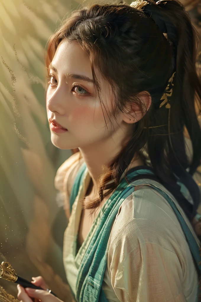 ( masterpiece, top quality, best quality,8k,17 years old girl,ultra detailed,raw photo:1.5),(photorealistic:1.4),(cinematic lighting), PerfectNwsjMajic, , Surrealism, UHD, ccurate, Super detail, textured skin, High detail, Best quality, dynamic angle, (high nose,White skin),[Beautiful blue eyes],(1girl),(good anatomy:0.5)), dunhuang_style, Dreamy atmosphere,expressive brush strokes, mystical ambiance, Artistic interpretation, a whimsical illustration, Subtle colors and tones, straight face,river