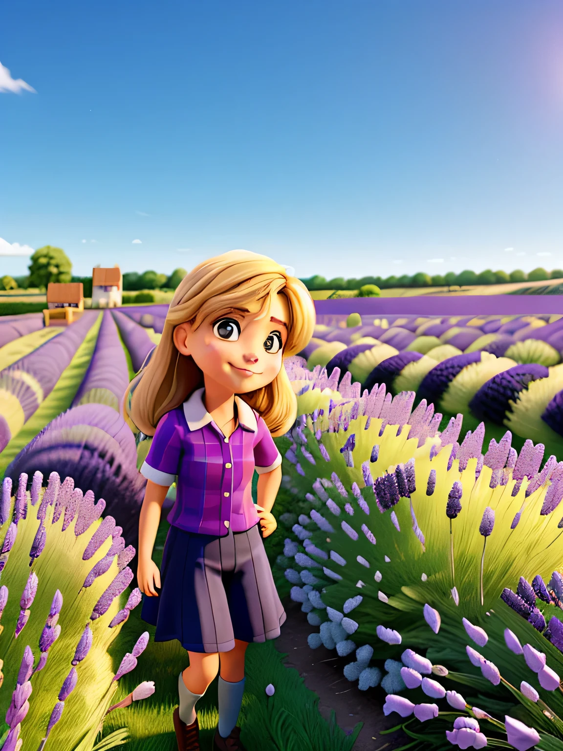 mujer rubia, cara sonriente, en un campo de lavanda