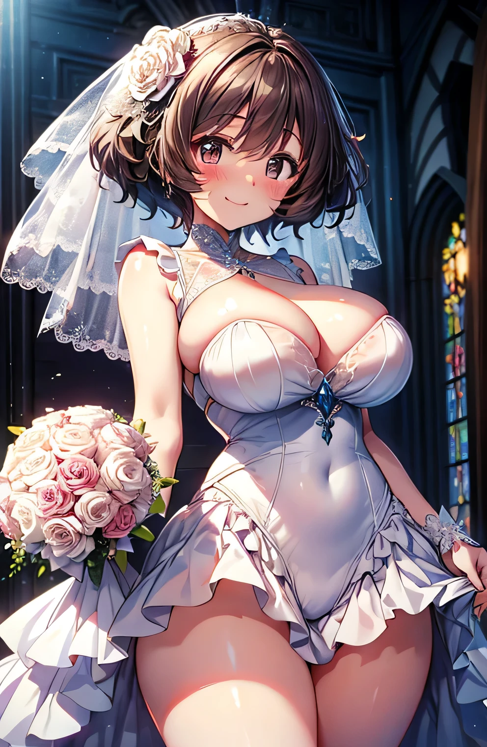 Anime illustration、Fantasy、highest quality、wedding style、Chapel、Clear skies、bouquet、neat wedding dress、Perfect proportions、overwhelmingly big breasts、Very thick thighs、Beautiful, shining eyes、Blushed、smile、Cowboy Shot