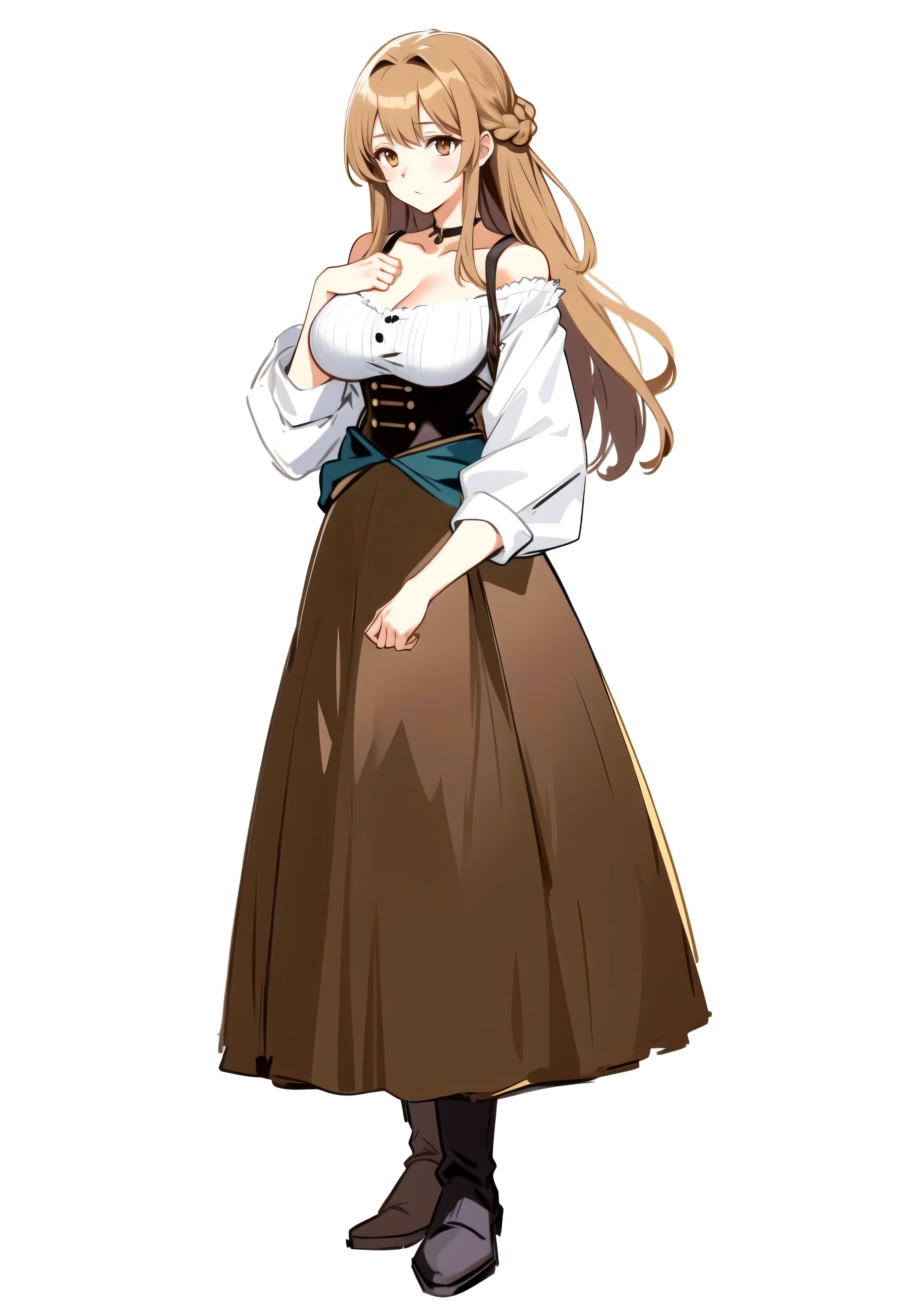 White background、Anime girl with long hair and a brown dress with a white shirt, female Anime characters, Wearing long, loose clothing, Final Fantasy Tactics characters, Anime characters, Official character art, Long Hair Anime Girl, Beautiful woman with light brown hair, ( ( Character Concept Art ) ), Peasant suit, Big Breasts、Big with a little sagging、Clothes that reveal cleavage、Black boots、Low heel boots、