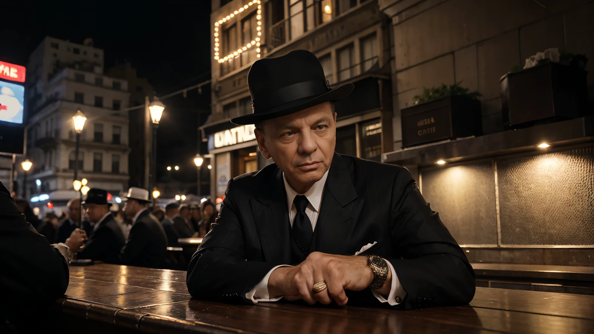 8k, la plus haute qualité, ultra details, italian mobster sinatra, old, Realistic, les temps modernes, tenue annee 90 new york, suite and mobster hat, outdoor lighting, cadre new york street, in front of a bar, outdoor, night time dim street lamp lighting