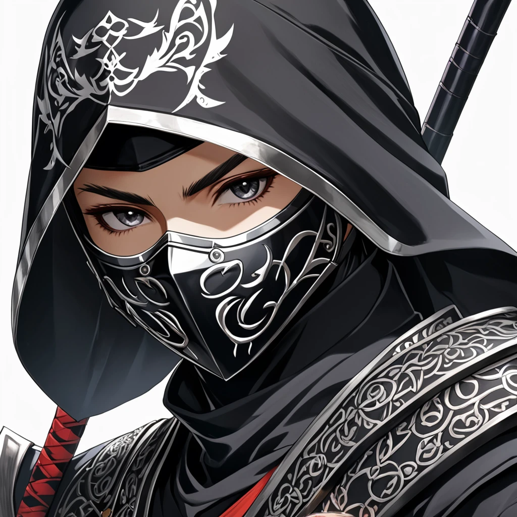 game "Mark of the Ninja", anime realism, Ninja, game photo, close up of upbody, solo, (white background), mask, 4K, 8K, (masterpiece, best quality, Professional, perfect composition, very aesthetic, absurdres, ultra-detailed, intricate details:1.3)