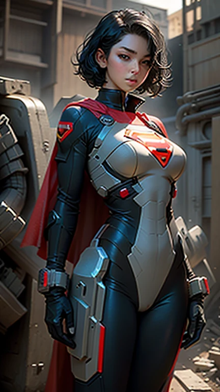 Beautiful woman short black hair defined body big breasts, wearing plugsuit Supergirl cosplay