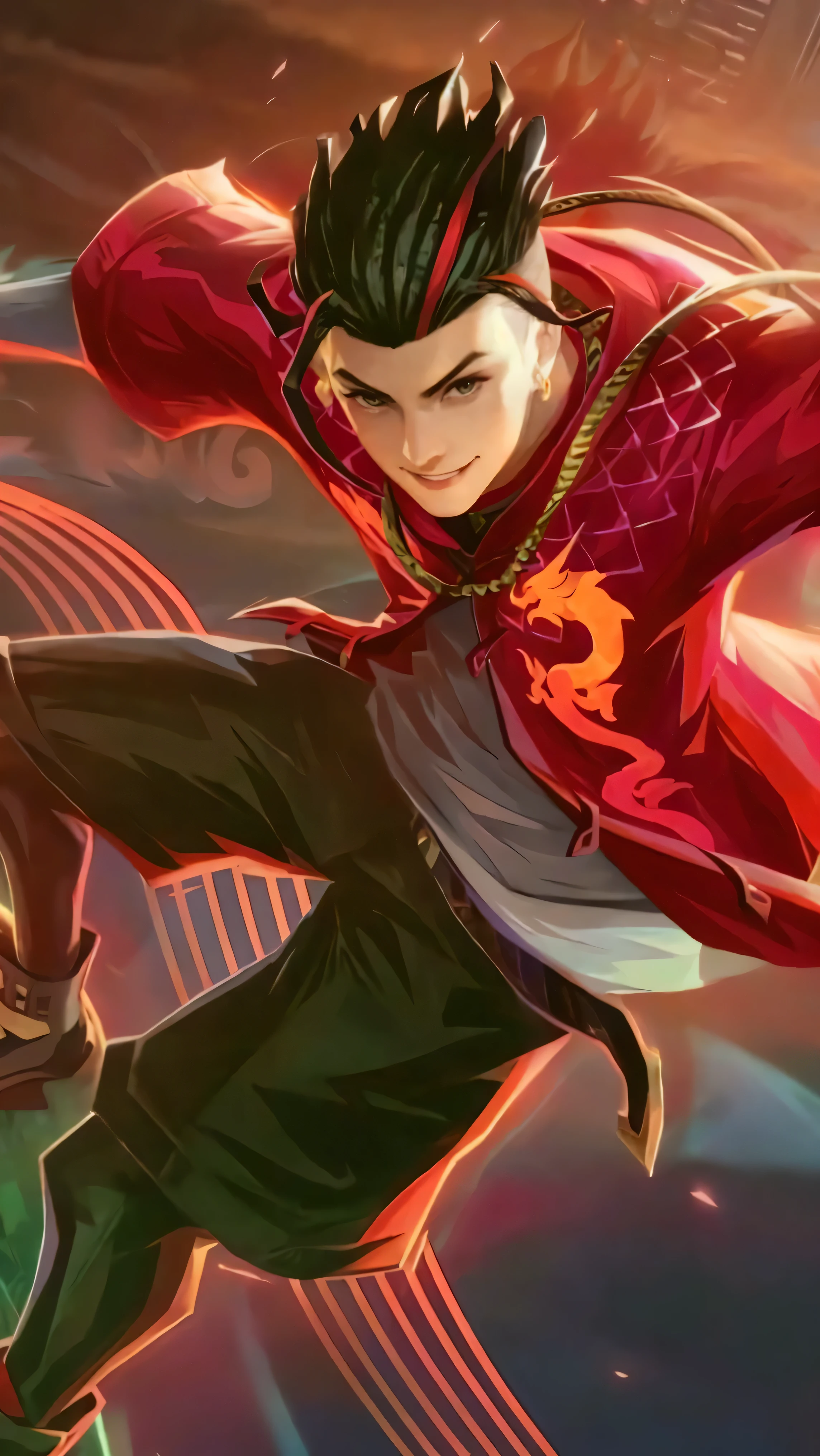 anime character in a red jacket and black pants flying through the air, inspired by Huang Shen, heise jinyao, g liulian art style, bian lian, inspired by Huang Ding, xianxia hero, inspired by Yang Jin, inspired by Pu Hua, inspired by Ju Lian, inspired by Cao Buxing, inspired by Li Kan, inspired by Zhang Sengyao High Detail, Sharp focus, dramatic outdoors, 1 boy ,19 years old, white hair, light purpel eyes, smile.
