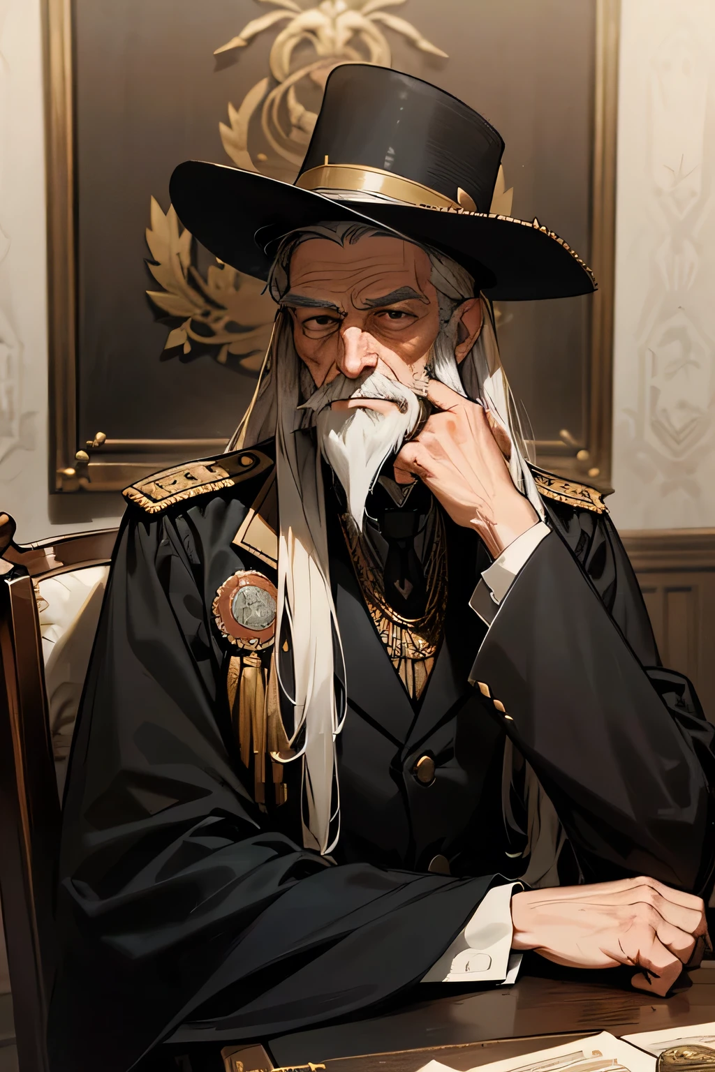 Old man, unkempt hair, long beard, hair covering side of face, black brimmed hat, formal clothes, military clothes, 19th century military dress, medals, epaulettes, sash with medals, decorated general, serious, hands on face elbows resting on table, sitting on desk, thinking, looking straight ahead, stone walled room, marble table. waiting